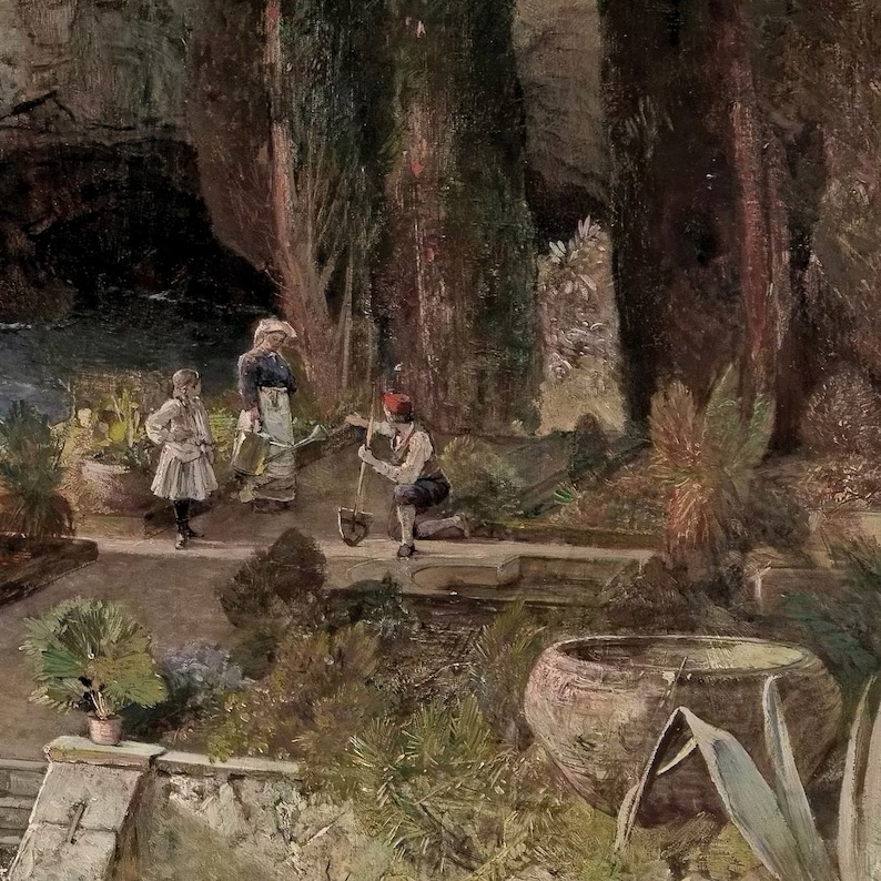 May include: A painting depicting a garden scene with three figures. A woman in a long dress and a hat is watering plants, a young girl in a white dress is standing nearby, and a man in a red cap is kneeling and digging in the ground. The garden is lush and green with trees, plants, and a stone fountain.