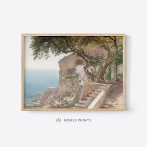 May include: A painting of a coastal scene with a stone staircase leading up to a building on a cliff. The building is partially obscured by a large tree with green leaves. The sea is visible in the background.
