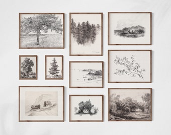 Vintage Neutral Drawings Gallery Wall Set, Printable Muted Gallery Wall, Gallery Art Print Set of 10, Digital Download