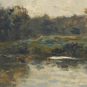 May include: A painting of a landscape with a river in the foreground. The river is a light blue color and the water is calm. The banks of the river are covered in green grass and trees. The sky is a light gray color and there are clouds in the sky.