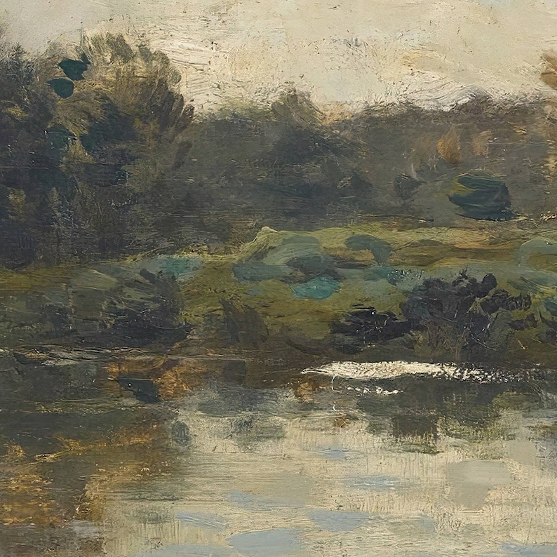 May include: A painting of a landscape with a river in the foreground. The river is a light blue color and the water is calm. The banks of the river are covered in green grass and trees. The sky is a light gray color and there are clouds in the sky.