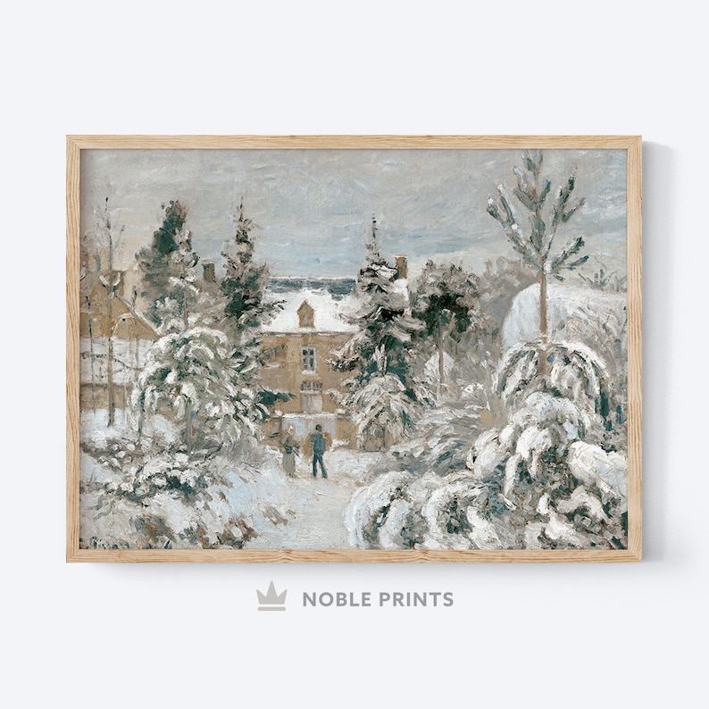May include: A framed vintage winter landscape painting. The artwork depicts a snow-covered scene with a house, trees, and figures. The color palette is muted, with shades of white, gray, and brown. The painting is in a wooden frame.