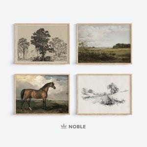 May include: Set of four framed prints featuring nature scenes. The first print shows a brown horse standing in a field. The second print shows a landscape with trees and a cloudy sky. The third print shows a landscape with trees and a cloudy sky. The fourth print shows a black and white sketch of a path through a field.