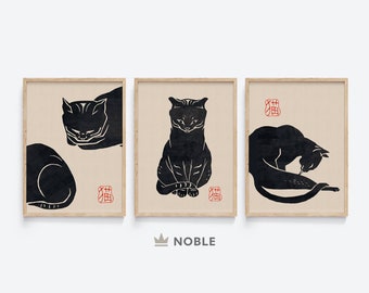 Japanese Cats Set of 3 Prints, Printable, Japandi Wall Art, Animal Wall Decor, Muted Wall Art, Cat Lovers Gift, Digital Download