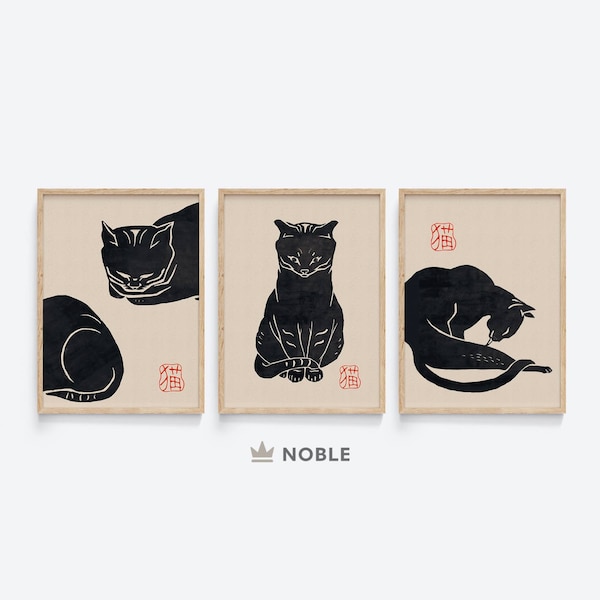 Japanese Cats Set of 3 Prints, Printable, Japandi Wall Art, Animal Wall Decor, Muted Wall Art, Cat Lovers Gift, Digital Download