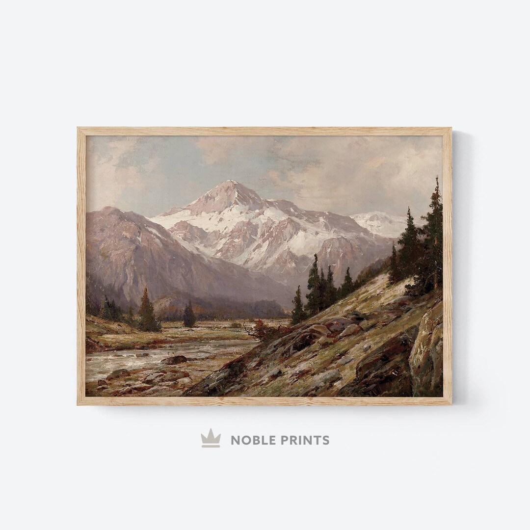 Vintage Rustic Mountain Art, Printable Art, Landscape Oil Print
