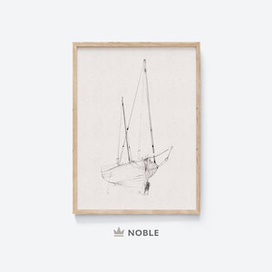 Sailboat Drawing, Vintage Nautical Sketch, Printable, Coastal Marine Art, Sailboat Print, Beach House Wall Art, Digital Download DR18