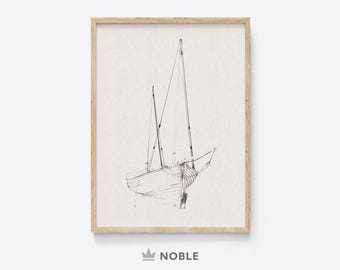 Könnte beinhalten: Eine Schwarzweiß-Zeichnung eines Segelboots mit drei Masten. Das Segelboot ist in einem hellen Holzrahmen gerahmt.