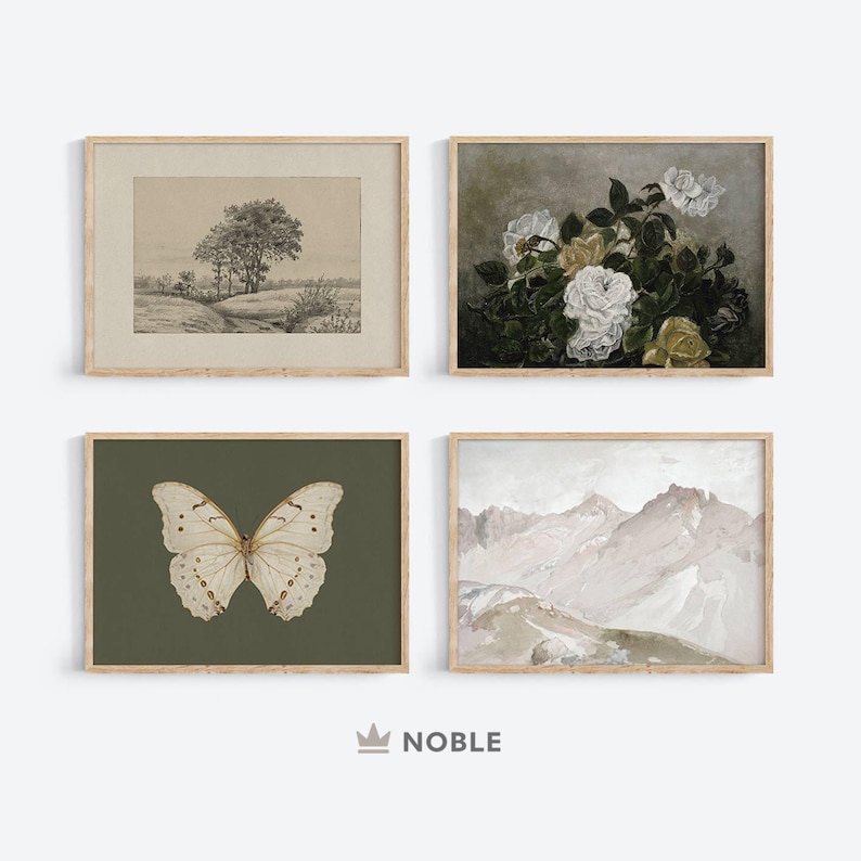 May include: Set of four framed prints featuring nature scenes. The first print shows a black and white drawing of a tree in a landscape. The second print shows a bouquet of white and yellow roses. The third print shows a white butterfly on a green background. The fourth print shows a watercolor painting of a mountain range.
