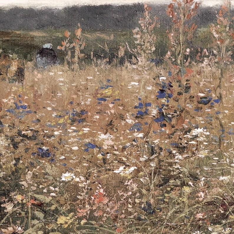 May include: A painting of a field of wildflowers in shades of blue, white, and pink. The flowers are set against a background of green and brown foliage.