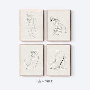 Vintage Woman Drawing, Set of 4 Prints, Bedroom Wall Art, Gallery Wall Print, Bathroom Wall Art, Neutral Minimalist Sketch, Digital Download