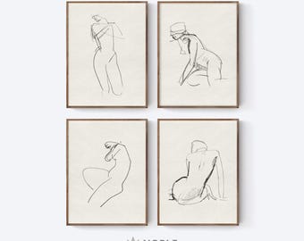 Vintage Woman Drawing, Set of 4 Prints, Bedroom Wall Art, Gallery Wall Print, Bathroom Wall Art, Neutral Minimalist Sketch, Digital Download