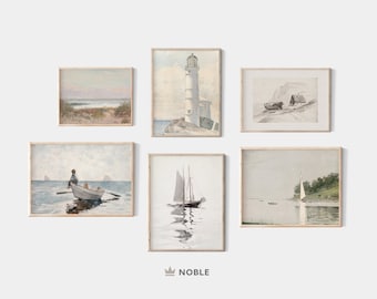 Vintage Meerlandschaft und Küstengalerie Wandset, bedruckbar, 6er Set, Galeriewand Strand Segelboot, digitaler Download