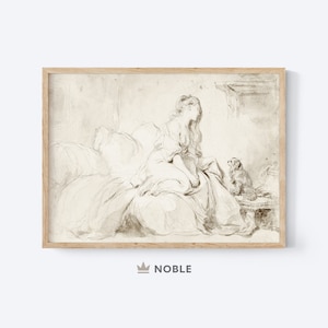 A Woman and Faithful Dog, Printable, French Wall Art, European Vintage Print, Dog Art, Vintage Sketch Print, Digital Download