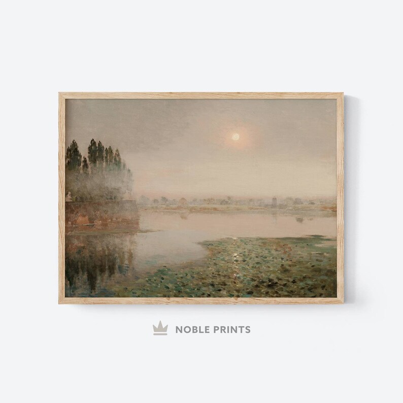 May include: A painting of a misty lake scene with a small island of trees in the foreground. The sun is shining through the fog, creating a soft, ethereal glow. The water is calm and reflective, with a few lily pads floating on the surface.