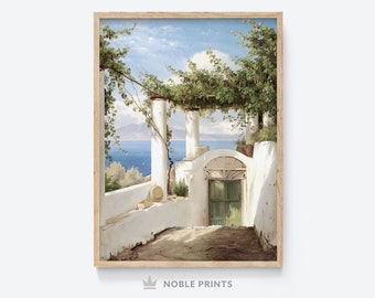 Amalfikust Art Print, vintage Amalfikust schilderij, Italië landschapskunst aan de muur, mediterrane landschapskunst aan de muur, digitale download