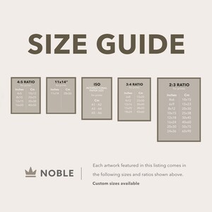 May include: A size guide for prints, showing different aspect ratios and corresponding measurements in inches and centimeters. The ratios include 4:5, 11x14, ISO International Paper Sizes, 3:4, and 2:3. The guide also includes the text "NOBLE" and "Custom sizes available".