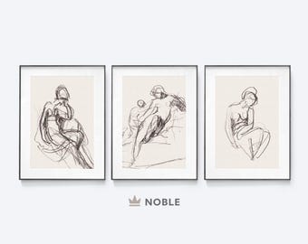 Vintage abstracte portretschets, set van 3 prints, vrouwenprint, afdrukbare, neutrale minimalistische tekeningprints, slaapkamer, digitale download DR62