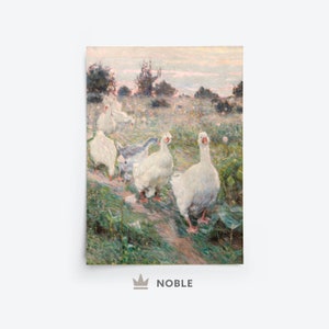 May include: A painting of a group of white geese walking through a field of green grass. The geese are in a line, with the one in the front looking directly at the viewer. The background is a soft, hazy blue and pink.
