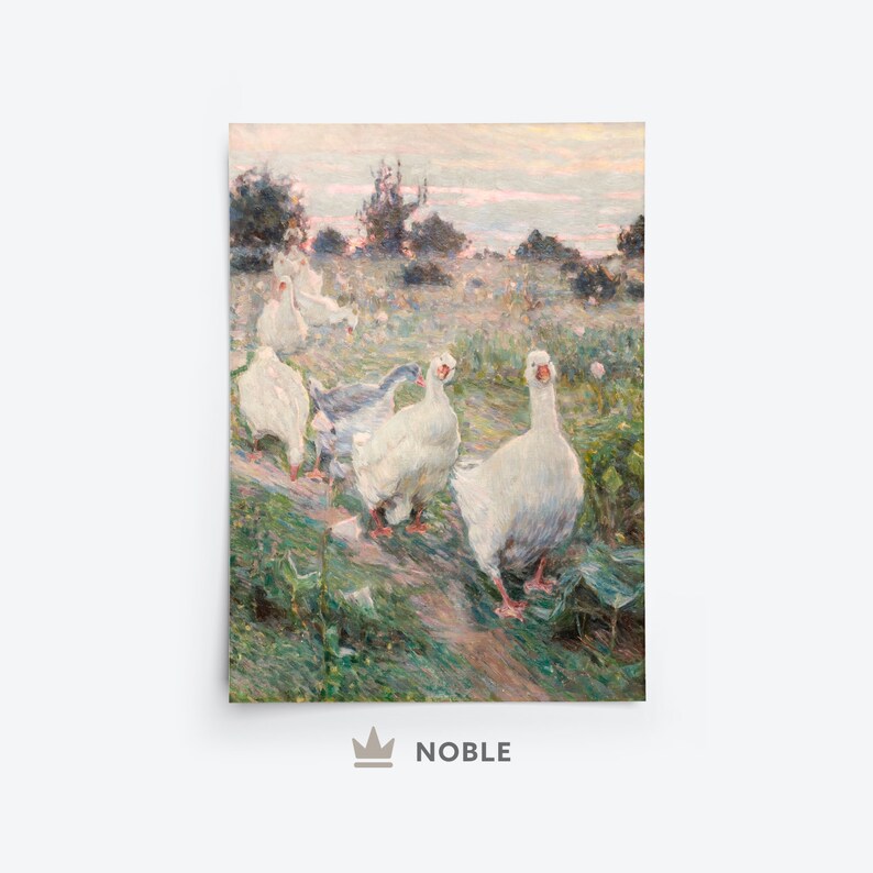 May include: A painting of a group of white geese walking through a field of green grass. The geese are in a line, with the one in the front looking directly at the viewer. The background is a soft, hazy blue and pink.