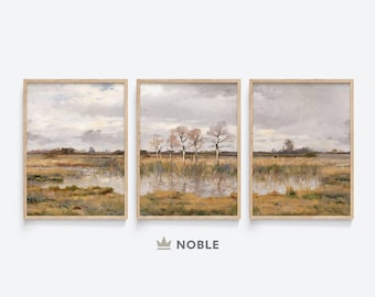 Cuadro de paisaje otoñal vintage, juego de 3 impresiones, imprimible, decoración otoñal, arte mural neutro, descarga digital