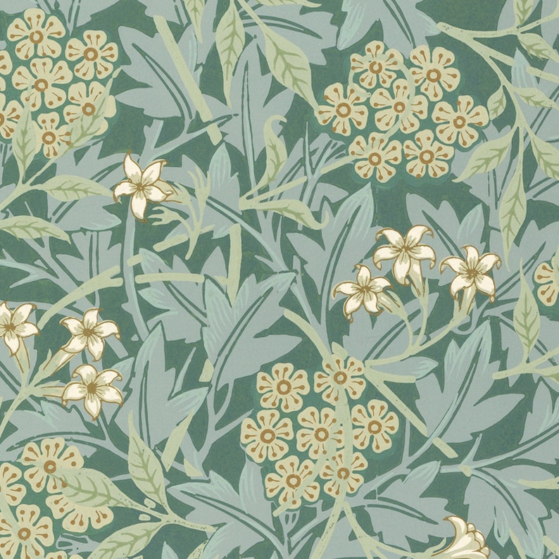 May include: A seamless pattern featuring a repeating design of white flowers and green leaves on a teal background.