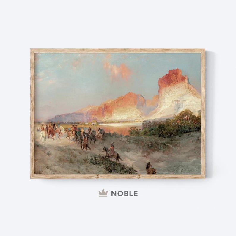 Puede incluir: Una pintura que representa a un grupo de personas a caballo cabalgando por un paisaje des&eacute;rtico. El cielo es de un rosa y naranja suave, y las monta&ntilde;as en el fondo son de un rojo y marr&oacute;n c&aacute;lido. Las personas est&aacute;n vestidas con ropa tradicional, y los caballos son de todos los colores.
