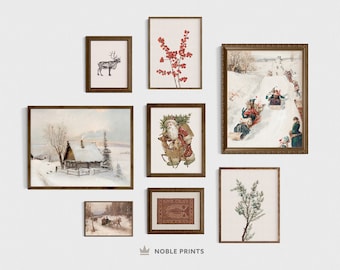 Vintage Christmas Prints, Printable, Gallery Wall Set of 8, Holiday Prints, Antique Winter, Winter Wall Art, Digital Download