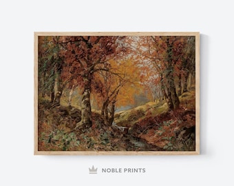 Puede incluir: Una pintura que representa una escena de bosque con un arroyo que lo atraviesa. Los árboles están en colores otoñales, con tonos de rojo, naranja y amarillo. El arroyo es claro y fluye, y hay rocas y hojas a lo largo de sus orillas.