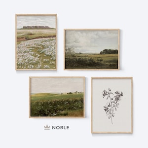 Peut inclure: Ensemble de quatre tableaux de paysage encadr&eacute;s. Le premier tableau repr&eacute;sente un champ de fleurs blanches. Le deuxi&egrave;me tableau montre un champ vert avec un horizon lointain. Le troisi&egrave;me tableau repr&eacute;sente un champ d'herbe verte avec quelques arbres au loin. Le quatri&egrave;me tableau est une illustration en noir et blanc d'une fleur.