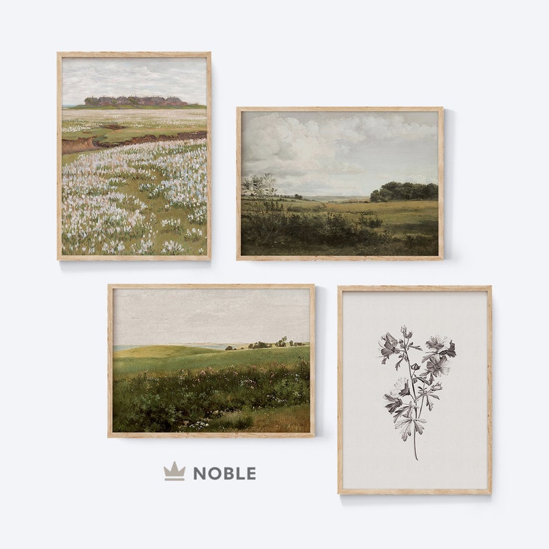 Peut inclure: Ensemble de quatre tableaux de paysage encadr&eacute;s. Le premier tableau repr&eacute;sente un champ de fleurs blanches. Le deuxi&egrave;me tableau montre un champ vert avec un horizon lointain. Le troisi&egrave;me tableau repr&eacute;sente un champ d'herbe verte avec quelques arbres au loin. Le quatri&egrave;me tableau est une illustration en noir et blanc d'une fleur.