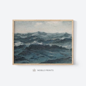 May include: A painting depicting a stormy sea with large waves crashing against each other. The sky is a light blue with some clouds. The water is a deep blue with whitecaps.