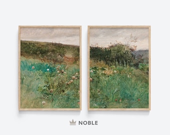 Spring Meadow Paintings, Set of 2, French Country Wall Art, Landscape Painting, Antique Summer Meadow, Digital Printable Download