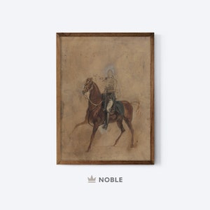 May include: A framed watercolor painting of a person on horseback. The horse is brown and the person is wearing a white shirt and dark pants. The background is a light brown.