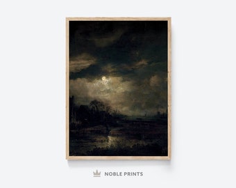 Vintage Moody Night Sky Oil Painting, Printable, Gothic Landscape, Dark Academia Prints, Full Moon Print, Digital Printable Download