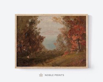 Pintura de paisagem de lago de outono, para impressão, decoração vintage, arte rural de outono, download digital