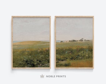 Conjunto de 2 grabados, pintura de paisaje vintage, imprimible, decoración de granja, arte de pared, descarga digital