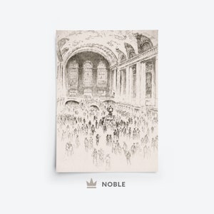 May include: A black and white sketch of a grand train station interior with a high vaulted ceiling and many people walking around. The station is bustling with activity.
