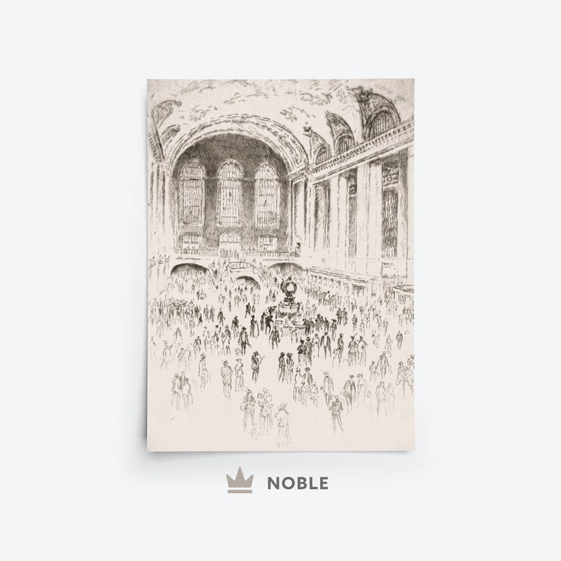 May include: A black and white sketch of a grand train station interior with a high vaulted ceiling and many people walking around. The station is bustling with activity.
