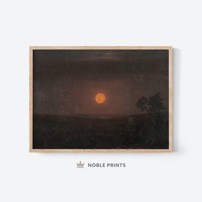 May include: A dark landscape with a large, orange moon in the sky. A single, silhouetted tree stands in the foreground.