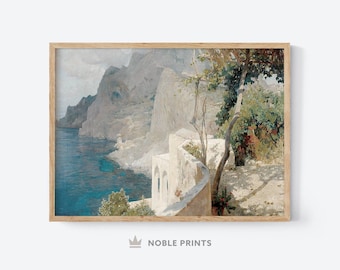 Italy Coastal Wall Art, Printable, Italy Landscape Oil Painting, Capri Seascape, Italian Wall Art, Italy Seacoast, Digital Download