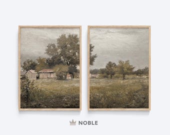 Juego de 2 impresiones de arte de pared con paisaje campestre vintage, para imprimir, decoración rústica de pared, pintura al óleo campestre, descarga digital LS10