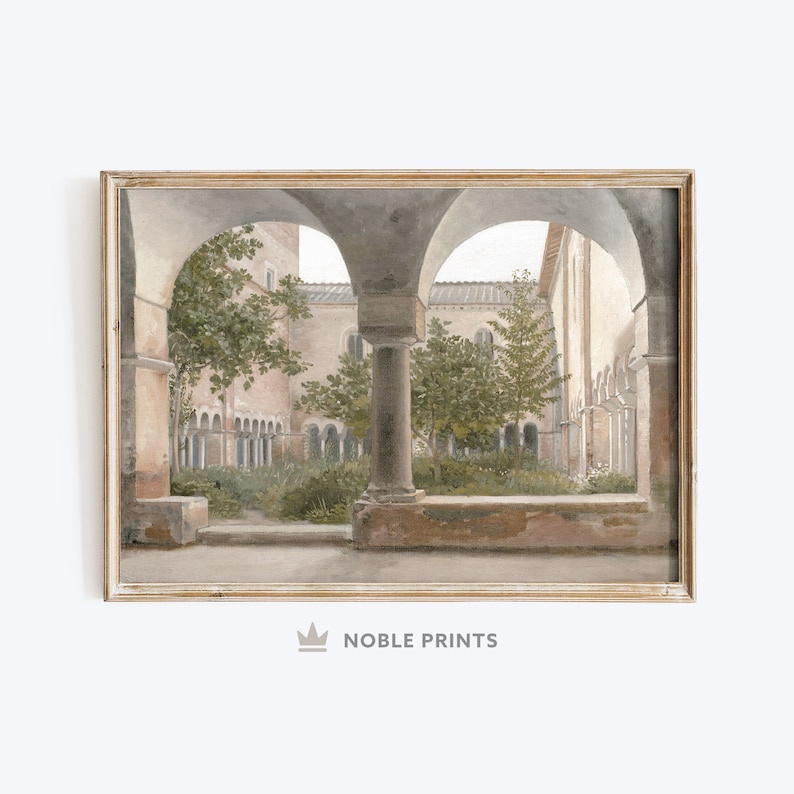 May include: A painting of a courtyard with arches and columns, featuring a lush green garden with trees and plants. The courtyard is surrounded by buildings with windows and doors.