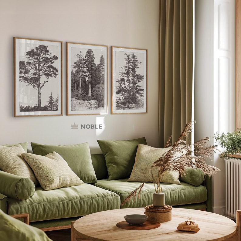 Może przedstawiać: Trzy oprawione czarno-białe ilustracje drzew wiszące na jasnobeżowej ścianie nad zieloną sofą z poduszkami. Sofa znajduje się w salonie z drewnianym stolikiem kawowym i wazą z suszonymi kwiatami.