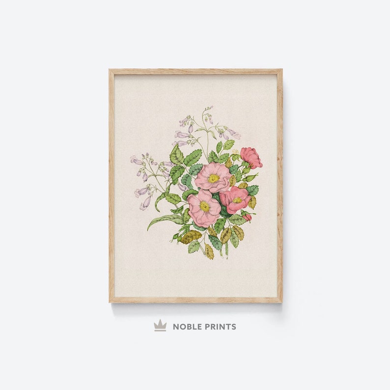 K&ouml;nnte beinhalten: Eine Vintage-botanische Illustration von rosa Bl&uuml;ten mit gr&uuml;nen Bl&auml;ttern und Stielen. Die Bl&uuml;ten sind in einer Bouquet-&auml;hnlichen Form angeordnet.
