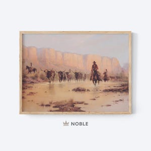 May include: A vintage painting depicting a group of cowboys riding horses through a desert landscape. The cowboys are wearing traditional western attire and are leading a herd of longhorn cattle. The painting is set against a backdrop of rugged mountains and a clear blue sky.