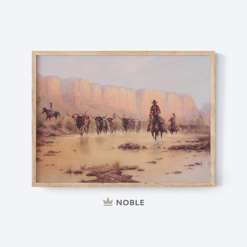 May include: A vintage painting depicting a group of cowboys riding horses through a desert landscape. The cowboys are wearing traditional western attire and are leading a herd of longhorn cattle. The painting is set against a backdrop of rugged mountains and a clear blue sky.