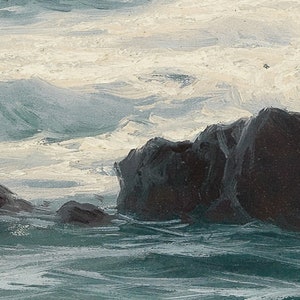 Puede incluir: Un primer plano de una pintura que representa un mar tormentoso con grandes rocas oscuras que emergen del agua. Las olas est&aacute;n coronadas de blanco y el cielo es gris tormentoso.