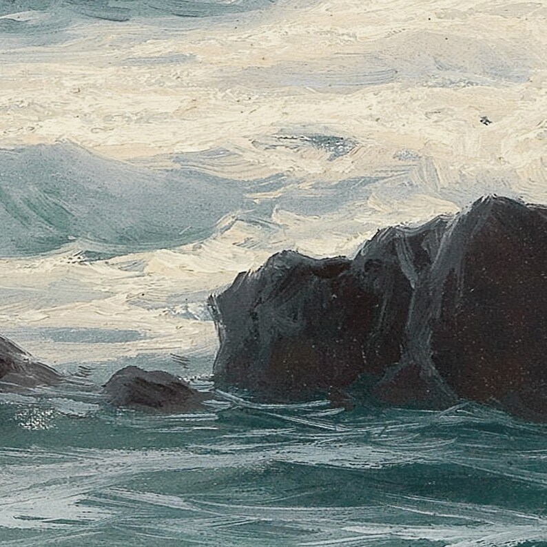 Puede incluir: Un primer plano de una pintura que representa un mar tormentoso con grandes rocas oscuras que emergen del agua. Las olas est&aacute;n coronadas de blanco y el cielo es gris tormentoso.