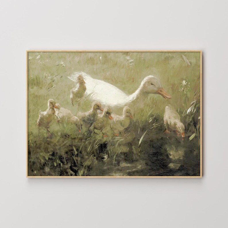 K&ouml;nnte beinhalten: Eine wei&szlig;e Ente mit einer Gruppe von Entenk&uuml;ken auf einer grasbewachsenen Wiese. Die K&uuml;ken sind alle wei&szlig; mit braunen Markierungen. Die Ente schaut nach rechts und die K&uuml;ken schauen in verschiedene Richtungen. Der Hintergrund ist ein verschwommenes Gr&uuml;n.